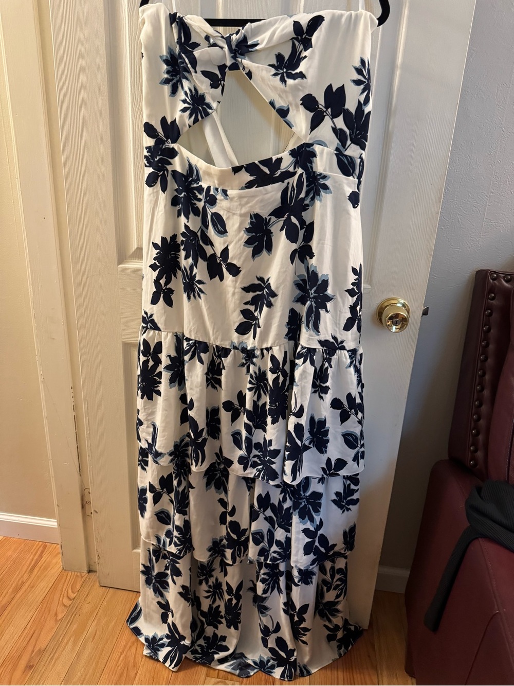 Fashion Nova White Maxi Dress with Navy Floral Cutouts